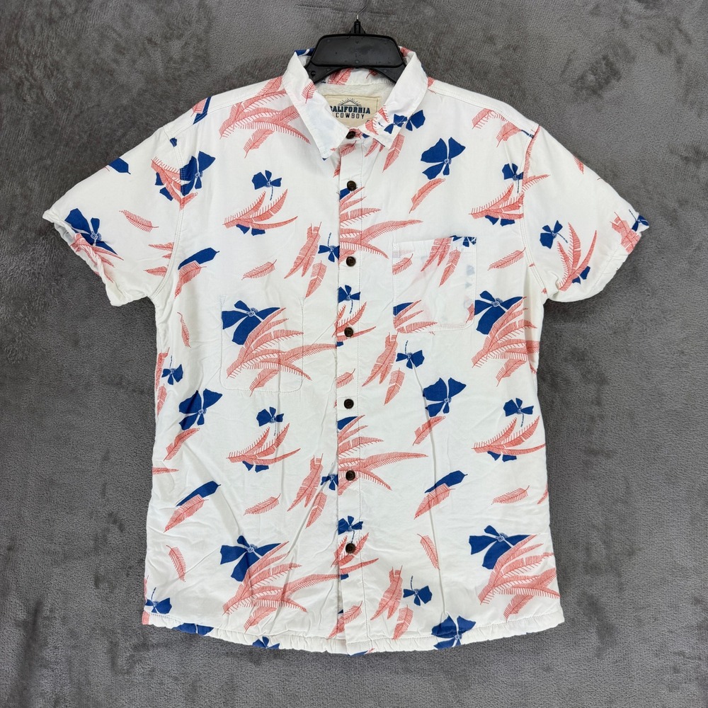 California Cowboy Shirt Mens Large White Blue Coral Tropical Short Sleeve Button